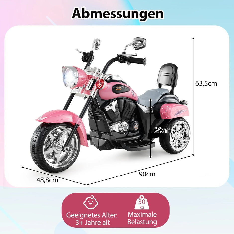 6V – barnmotorcykel med justerbar strålkastare och ljud Trehjulig elmotorcykel – Ljusrosa