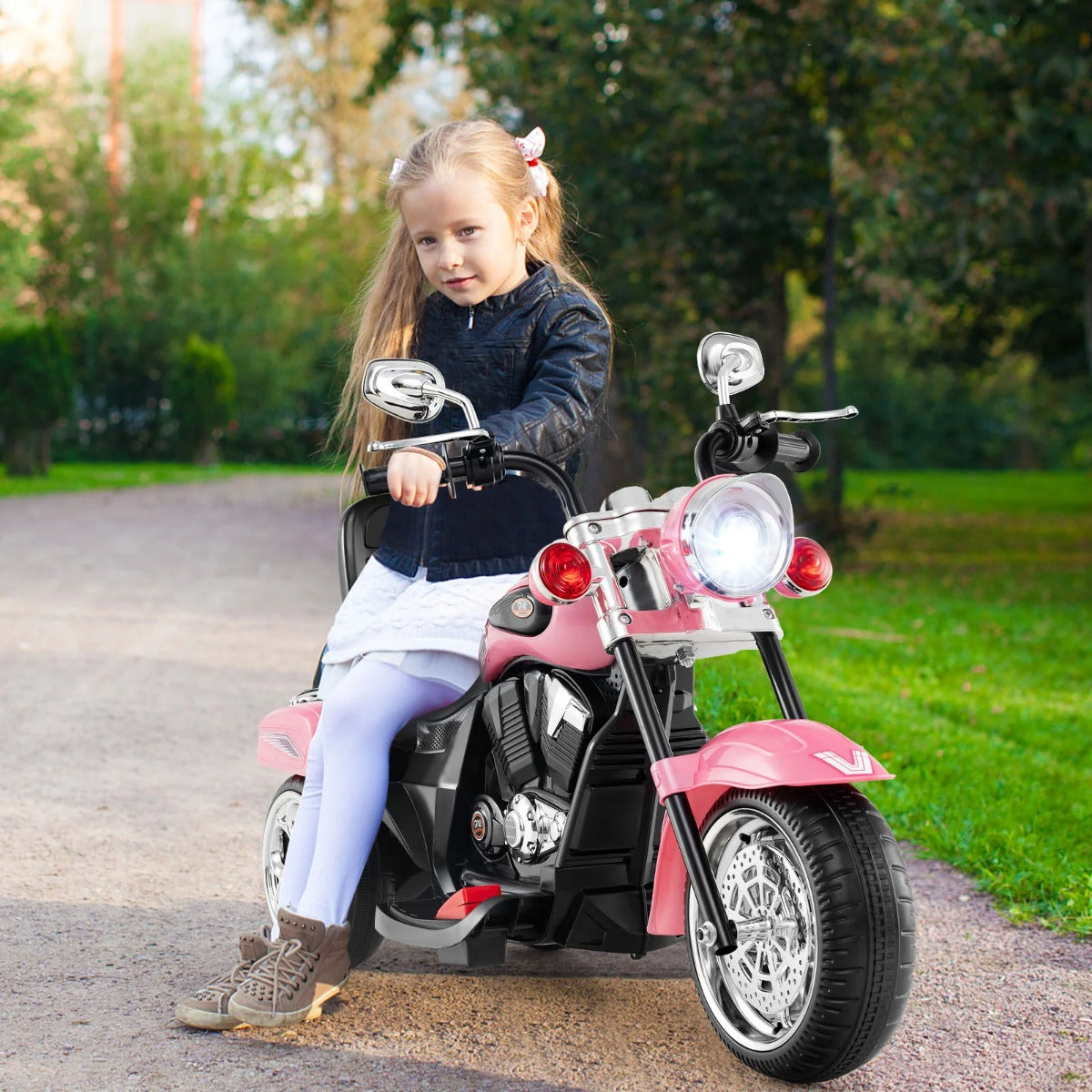 6V – barnmotorcykel med justerbar strålkastare och ljud Trehjulig elmotorcykel – Ljusrosa