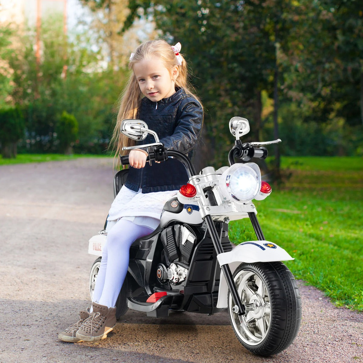 6V – barnmotorcykel med justerbar strålkastare och ljud Trehjulig elmotorcykel polis – Vit