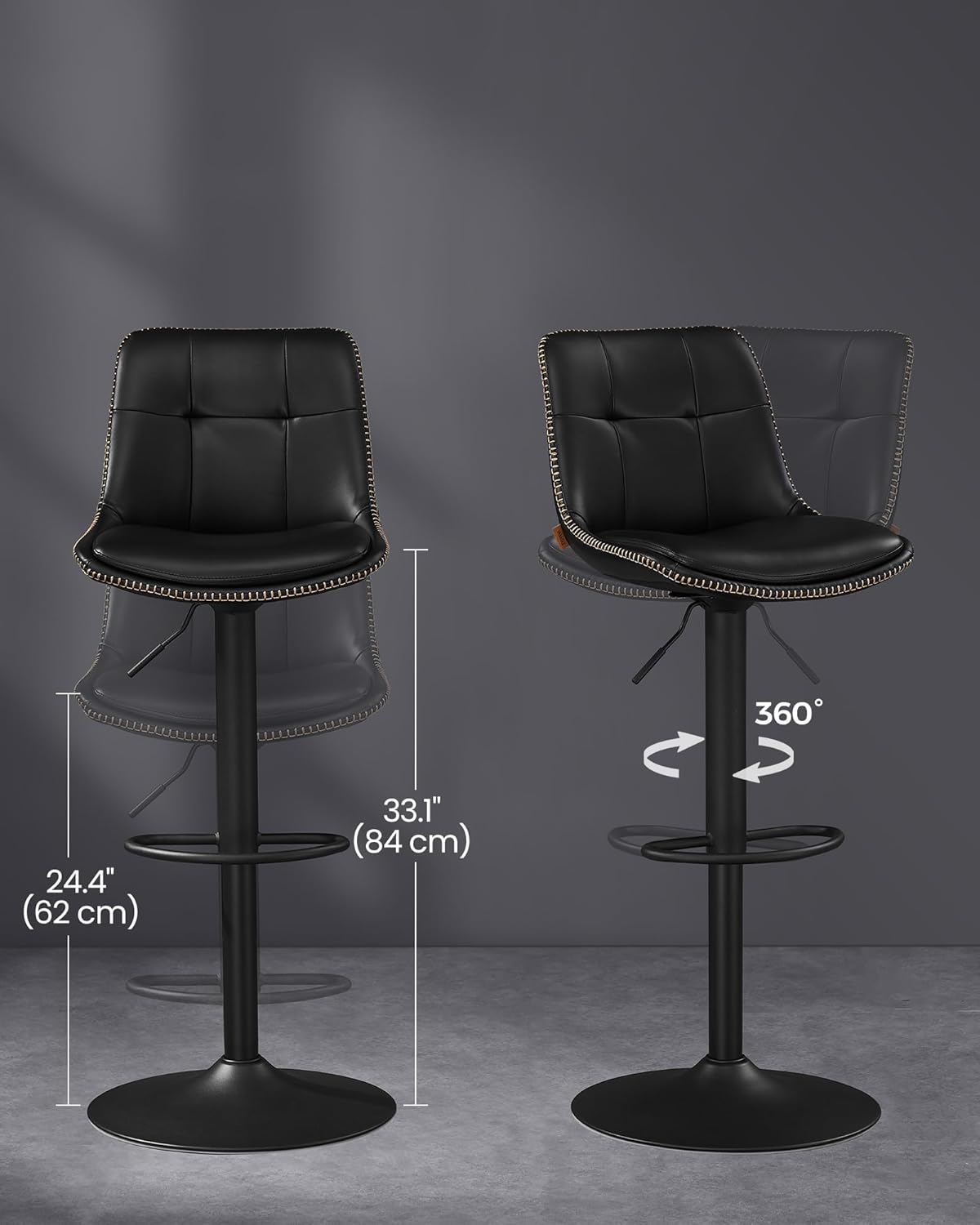 Barstol - uppsättning av 2 - med ryggstöd - bläck svart