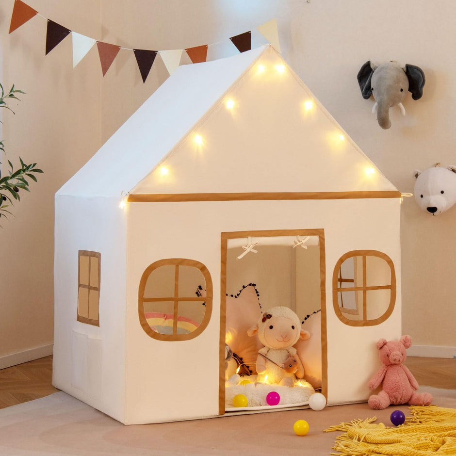Lekhus – Barn Inomhus med Stjärnljus och Polstrad Matta + – Beige + Brun