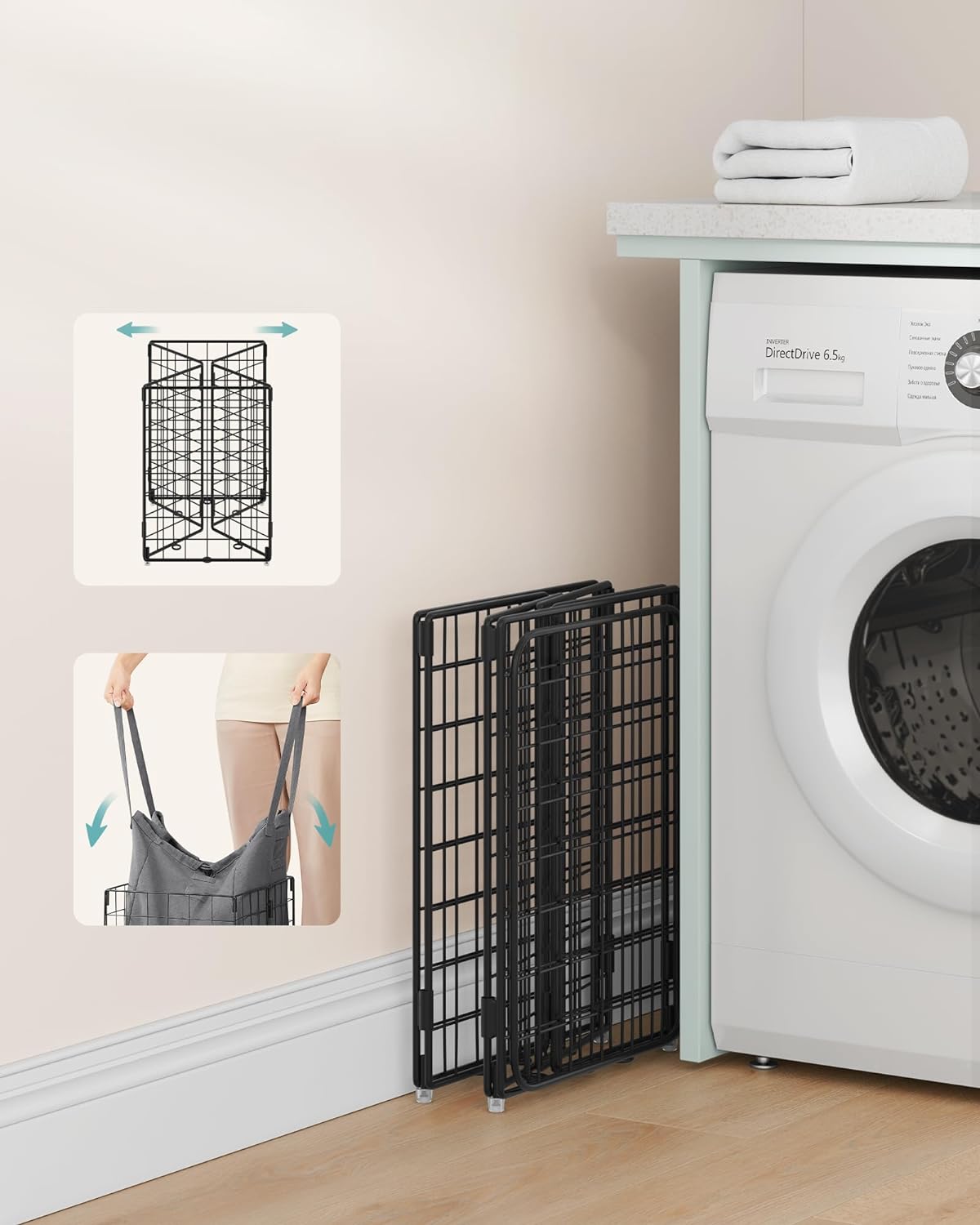 Tvättkorg - Avtagbar tvättpåse - Metallram - Silver och svart