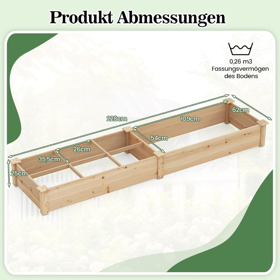 Upphöjd – säng med växtlådor och avdelare Naturlig – 2 228 x 62 x 25 cm – Natur
