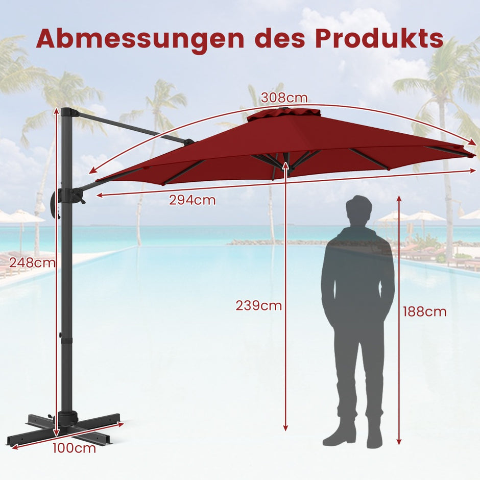 Parasoll – med vev 360° roterbar ampelskydd trädgårdsskydd marknadsskydd – 300 x 300 cm – Röd