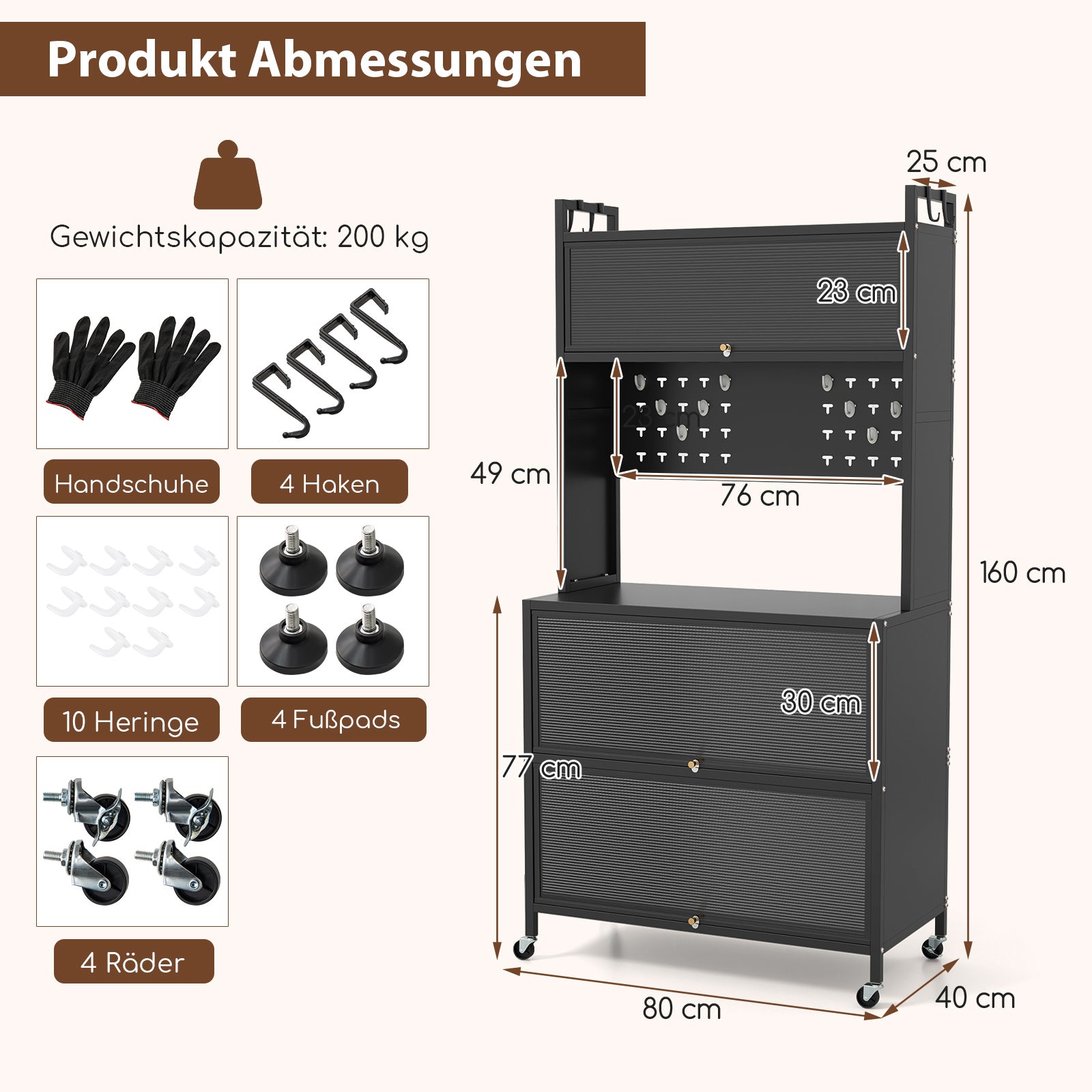Kökskåp – hög köksregal med hjul bufféskåp fällbara dörrar pegboard – 80 x 40 x 160 cm – Svart