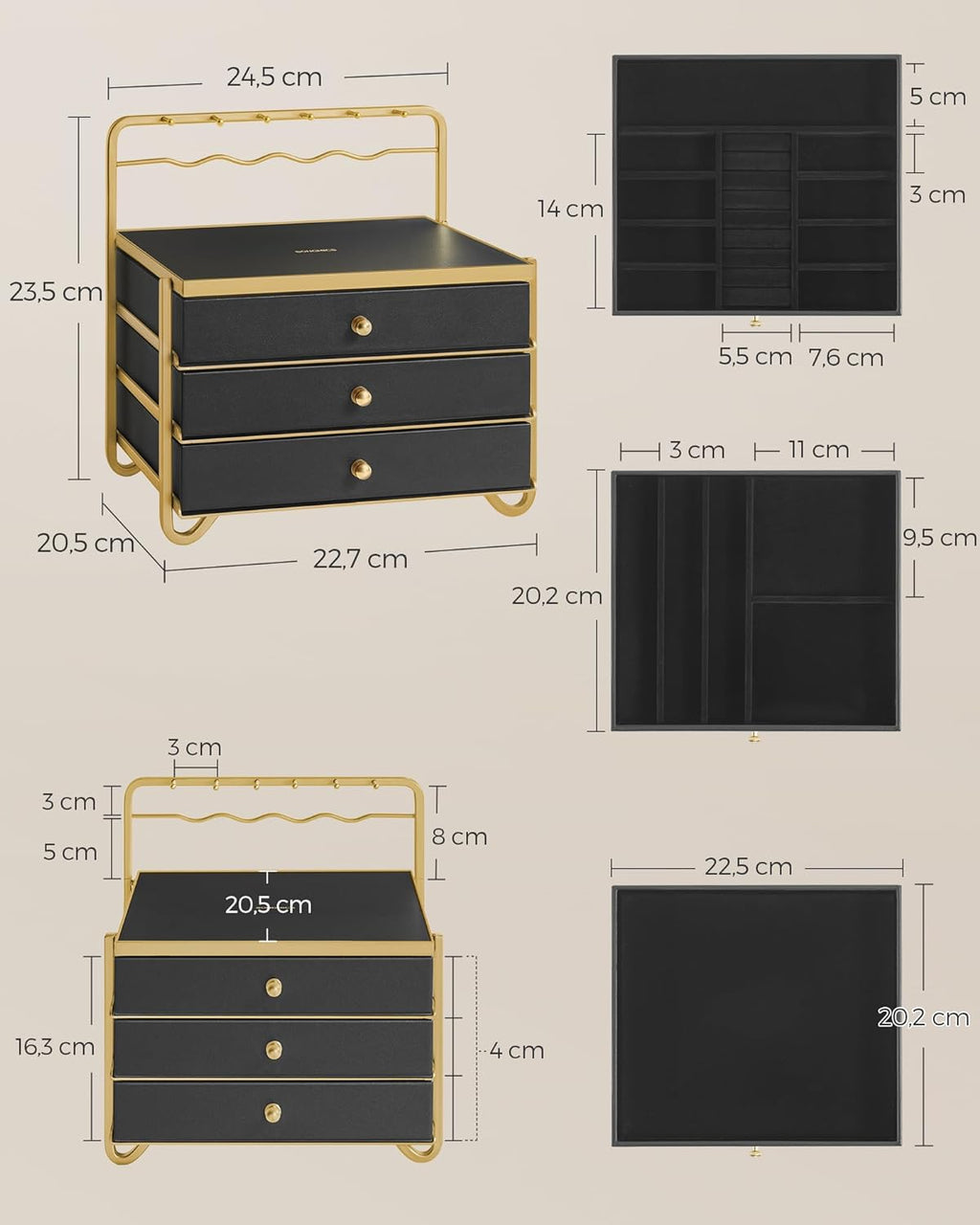 Smyckeslåda - smyckesbox - 3 lager med lådor - svart guld