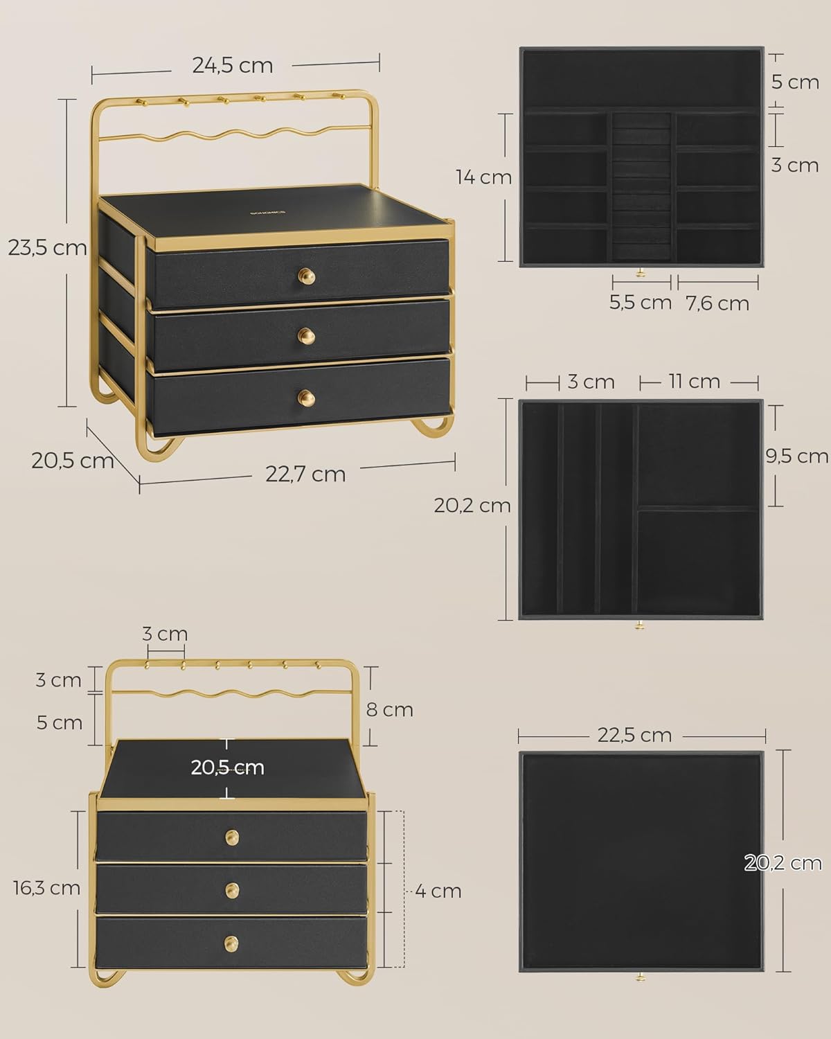 Smyckeslåda - smyckesbox - 3 lager med lådor - svart guld