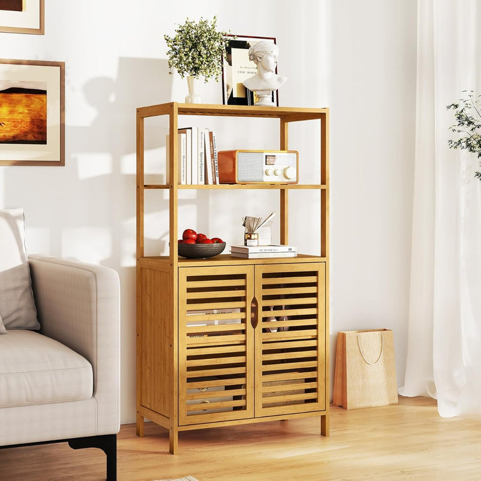 Bambu – bokhylla med dörrar vånings lameldörrskåp – 4 60 x 33 x 116 cm – Natur