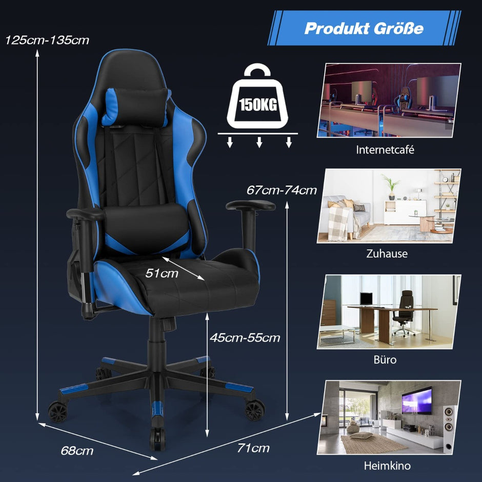 Gamingstol – Racing Style Snurrstol med nackstöd och ländryggskudde 90° 160° Justerbar lutningsvinkel – Blå