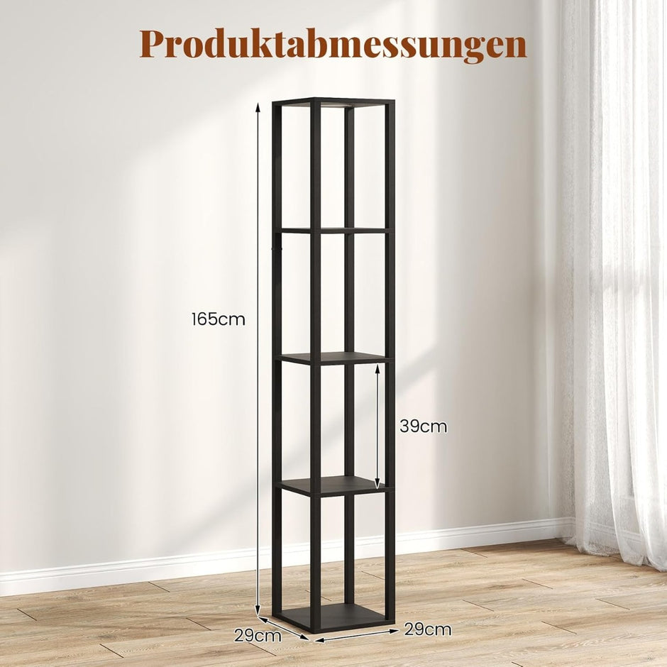 Golvlampa – med hyllor och dimbara LED lampor fotströmbrytare hörnhylla – 162 cm – Svart