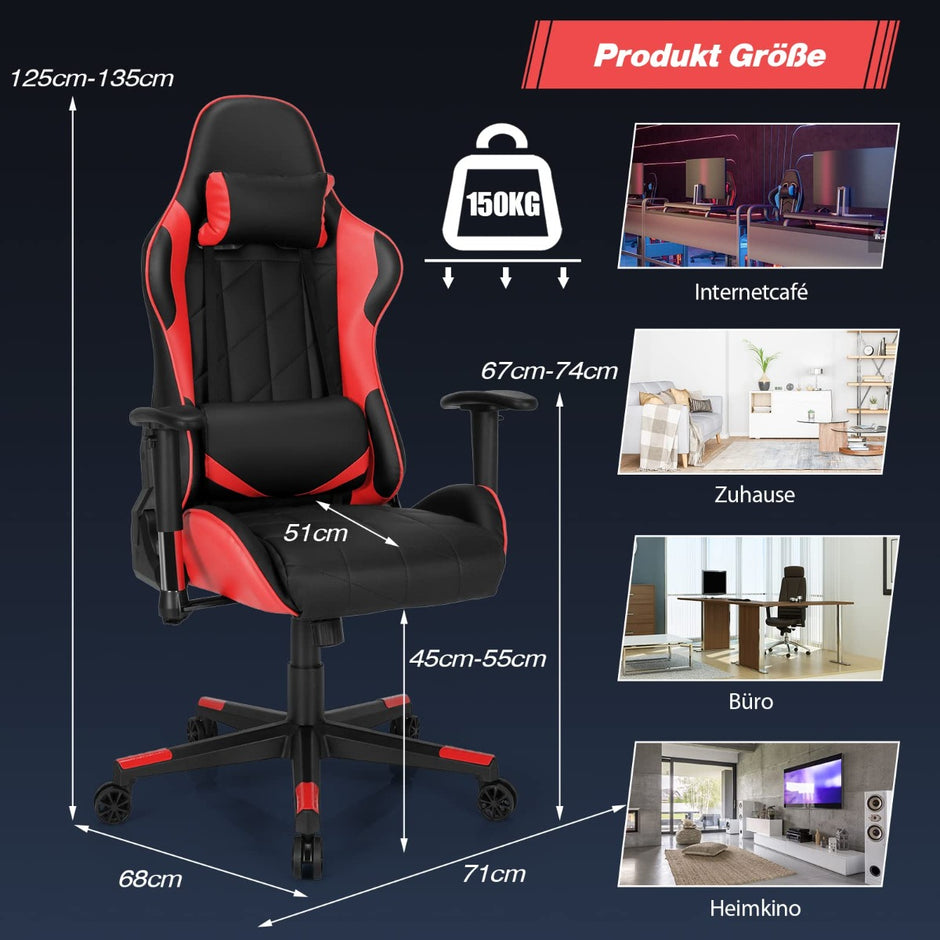 Gamingstol – Racing Style Snurrstol med nackstöd och ländryggskudde 90° 160° Justerbar lutningsvinkel – Röd