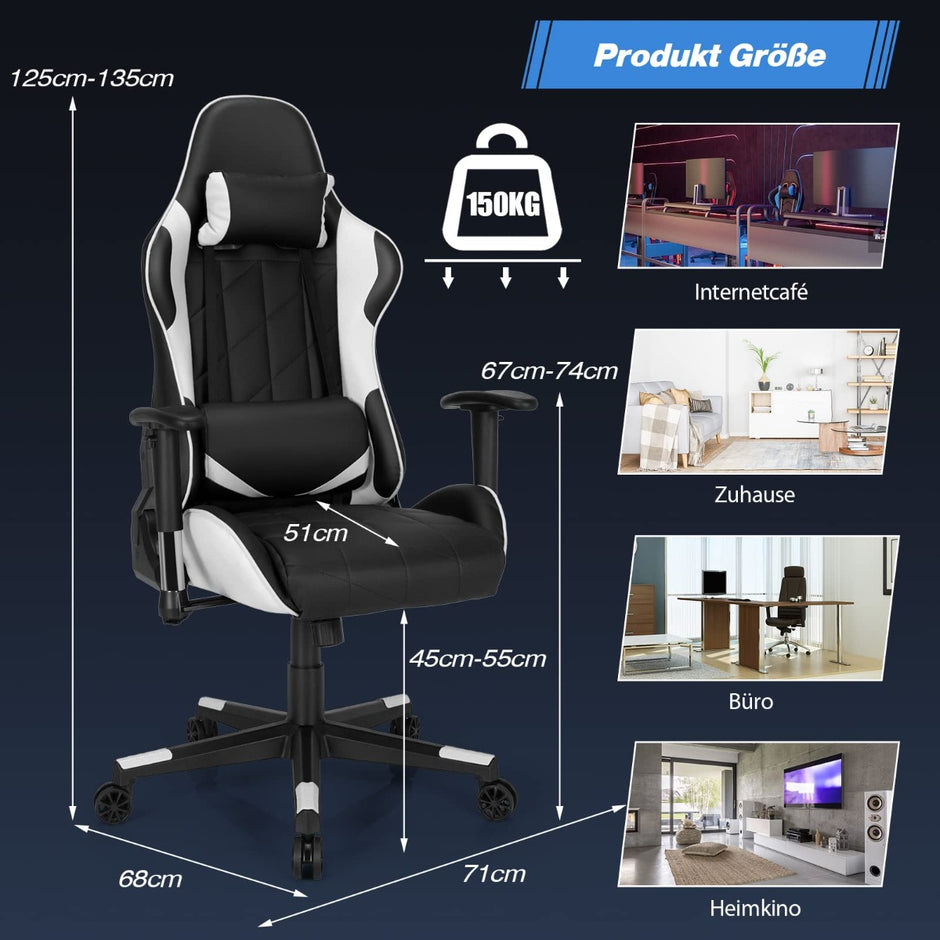 Gamingstol – Racing Style Snurrstol med nackstöd och ländryggskudde 90° 160° Justerbar lutningsvinkel – Vit
