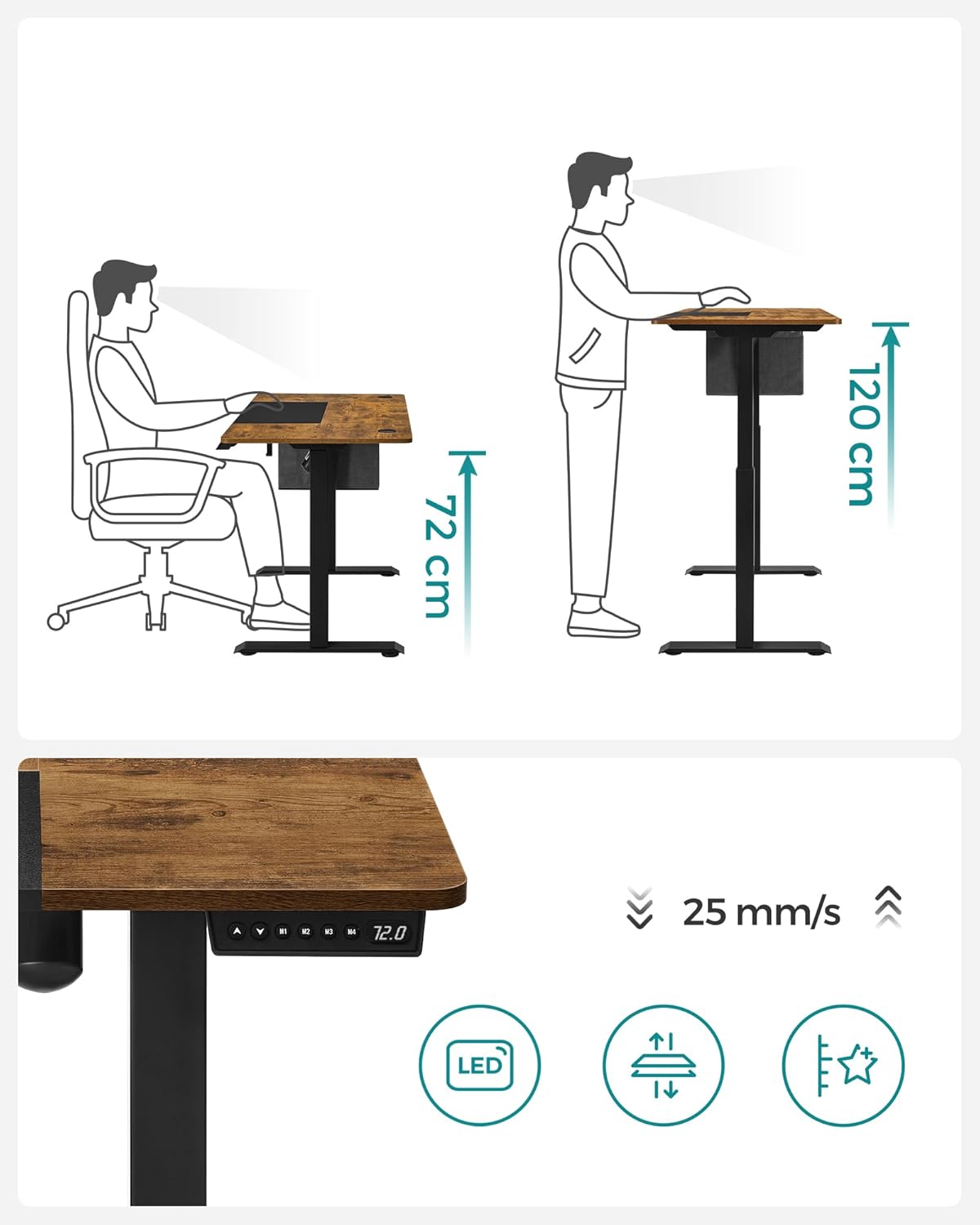 Elektriskt skrivbord – Justerbar höjd med organisatör – Vintage brun-svart