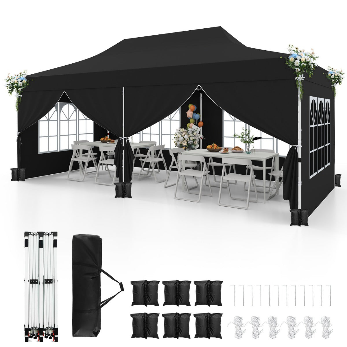 Paviljong, – hopfällbar med avtagbara sidoväggar och sandpåsar – 6 3 x 6 m – Svart