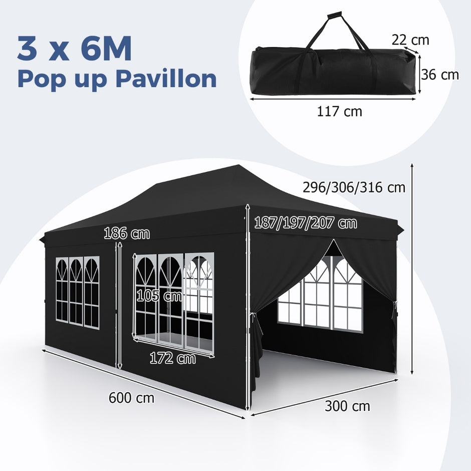 Paviljong, – hopfällbar med avtagbara sidoväggar och sandpåsar – 6 3 x 6 m – Svart