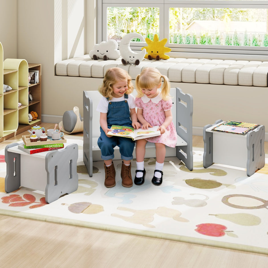 DEL. – Barn Bord och Stol Set med Pall Rundad Hörn Design – 3 2 – Grå