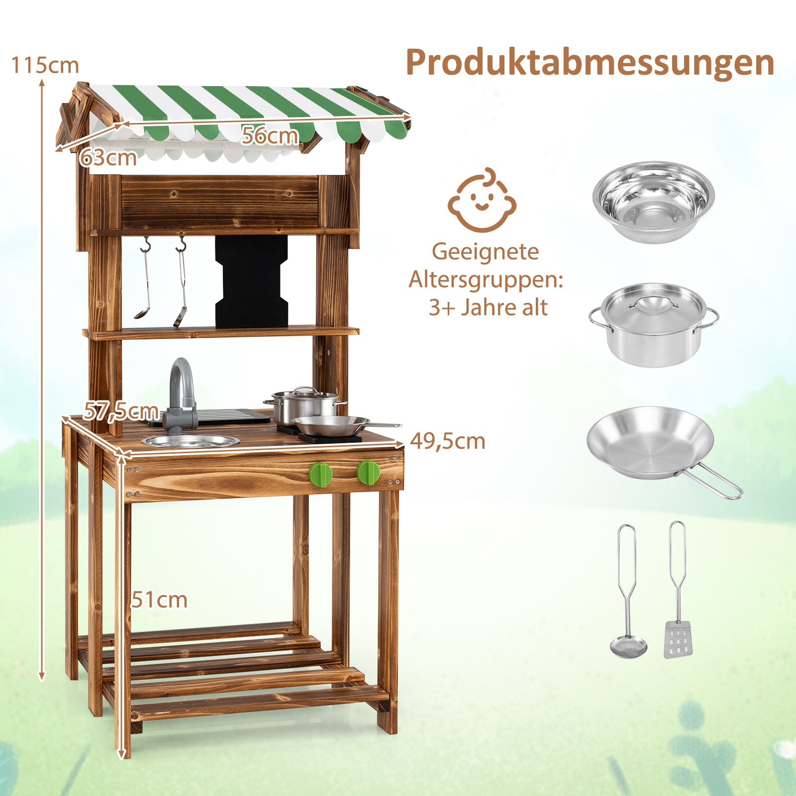 Barnens – lekstuga med tak och skoltavla diskho kran Dubbel sidig leksakskök – Brun