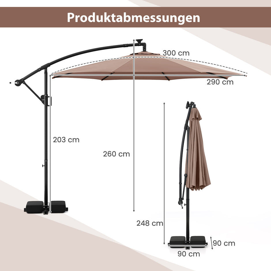 Parasoll – med LED belysning lägen sidoparassol sandsäckar och vev lutningsvinkel justerbar – 9 300 cm – Brun