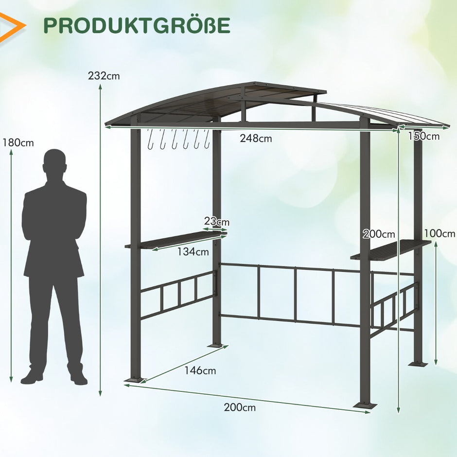 Grillpaviljong – Utomhus Grillöverbyggnad med Sidobord för Trädgårdspaviljong metall – 248 x 150 x 232 cm – Svart