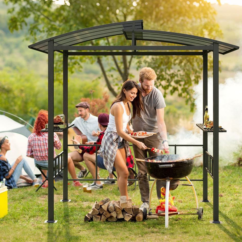 Grillpaviljong – Utomhus Grillöverbyggnad med Sidobord för Trädgårdspaviljong metall – 248 x 150 x 232 cm – Svart