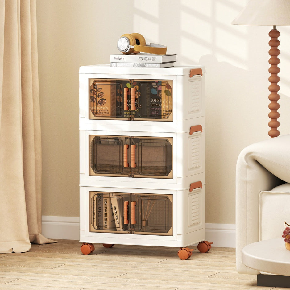 Förvaringslåda – med lock och hjul transparenta dörrar Fällbara stapellådor Plastlåda – 57 L – Vit