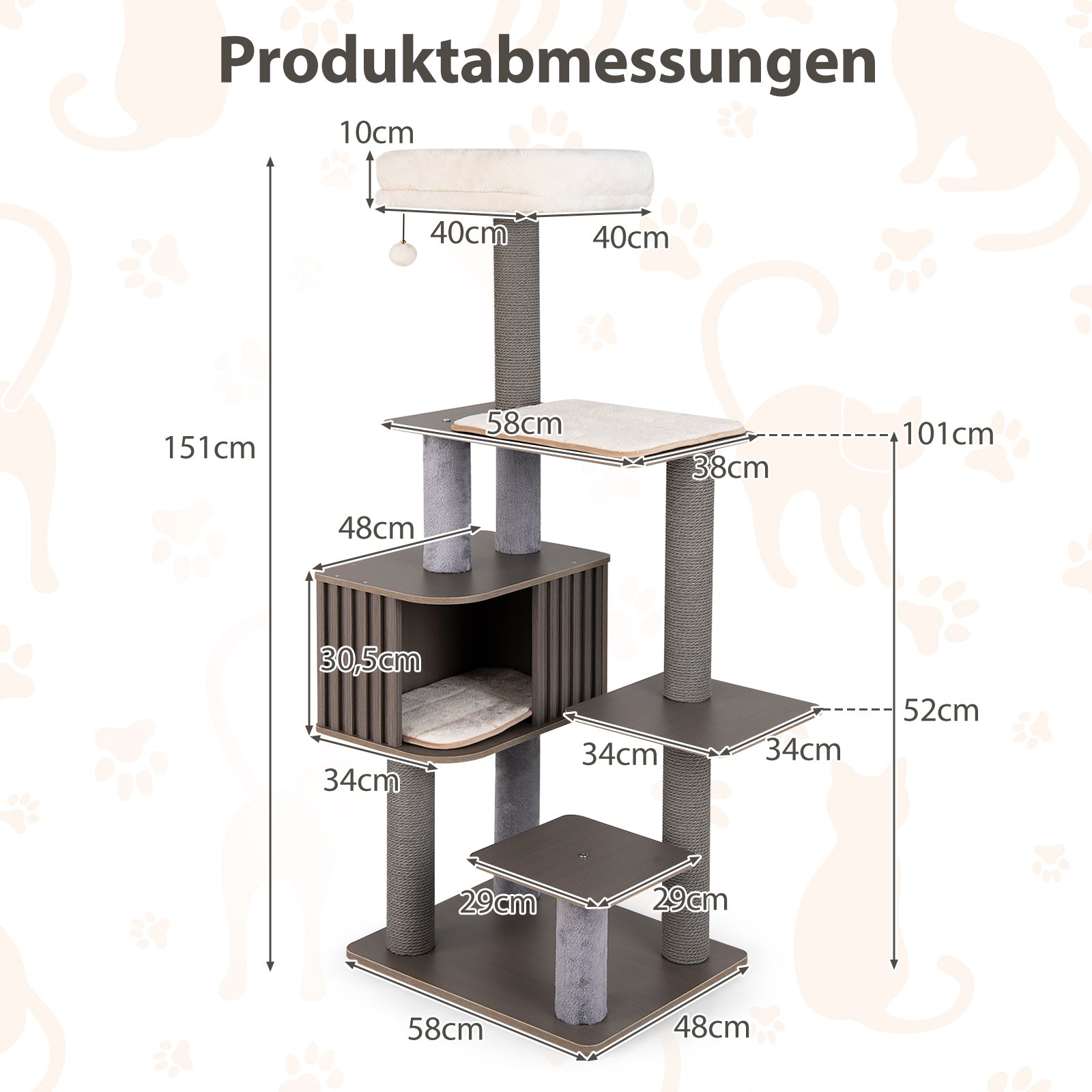 Klösträd – med kattgrotta och klösposter boll avtagbara mattor kattträd – 151 cm – Grå