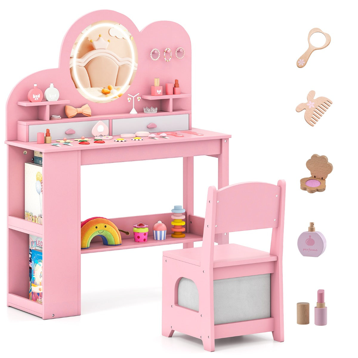 Barnsminkbord – med belysning Prinsessans frisörbord och stolsset lådor – 2 – Rosa