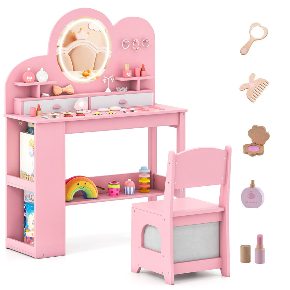 Barnsminkbord – med belysning Prinsessans frisörbord och stolsset lådor – 2 – Rosa
