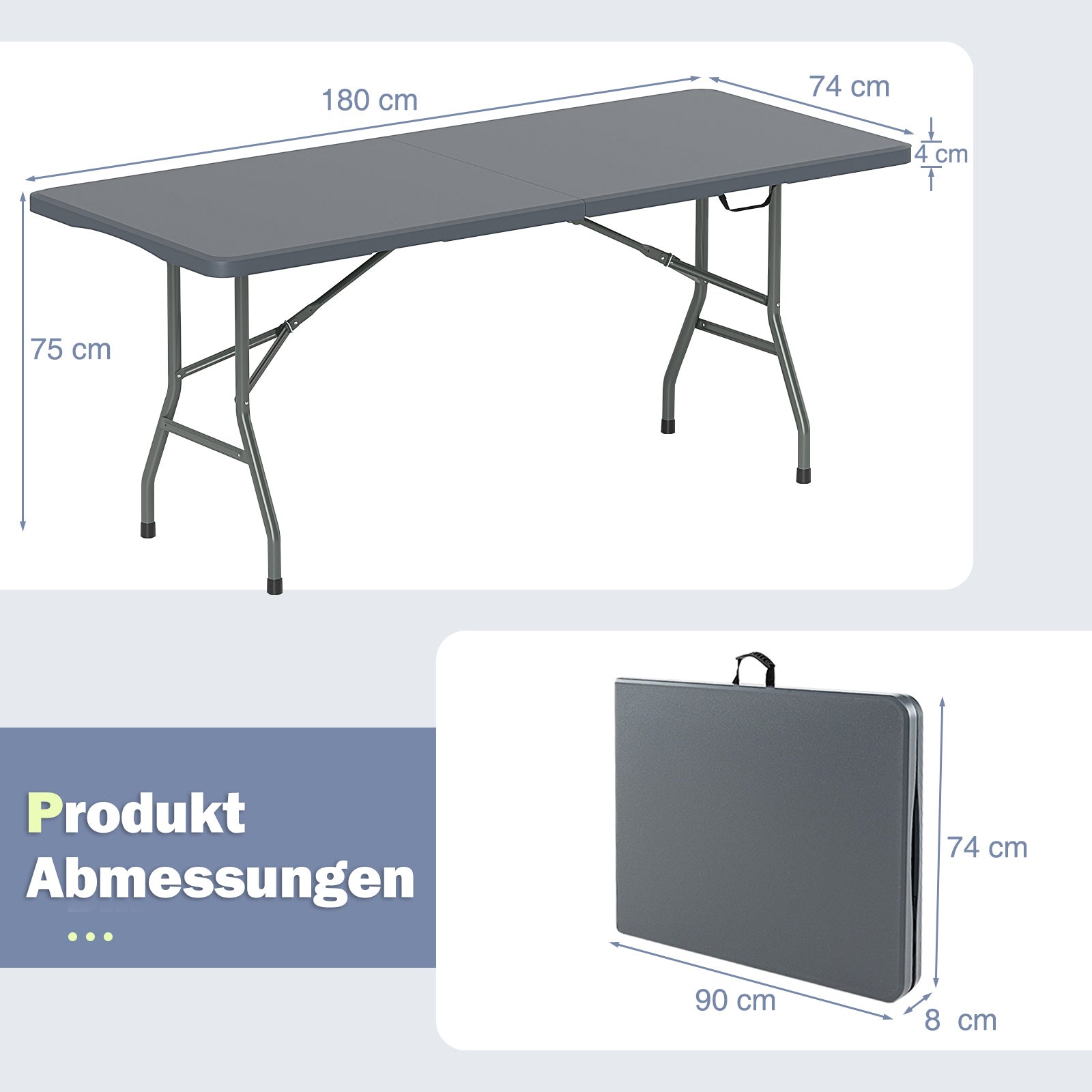 Trädgårdsbord – Campingbord hopfällbart Fällbord med HDPE bordsskiva och bärhandtag – 180 x 74 cm – Grå