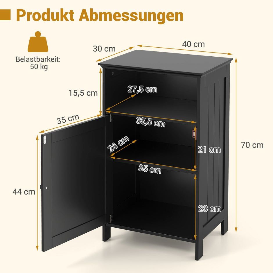 Badrumsskåp – Badskåp med dörr och justerbar hylla fristående – 40 x 30 x 70 cm – Svart