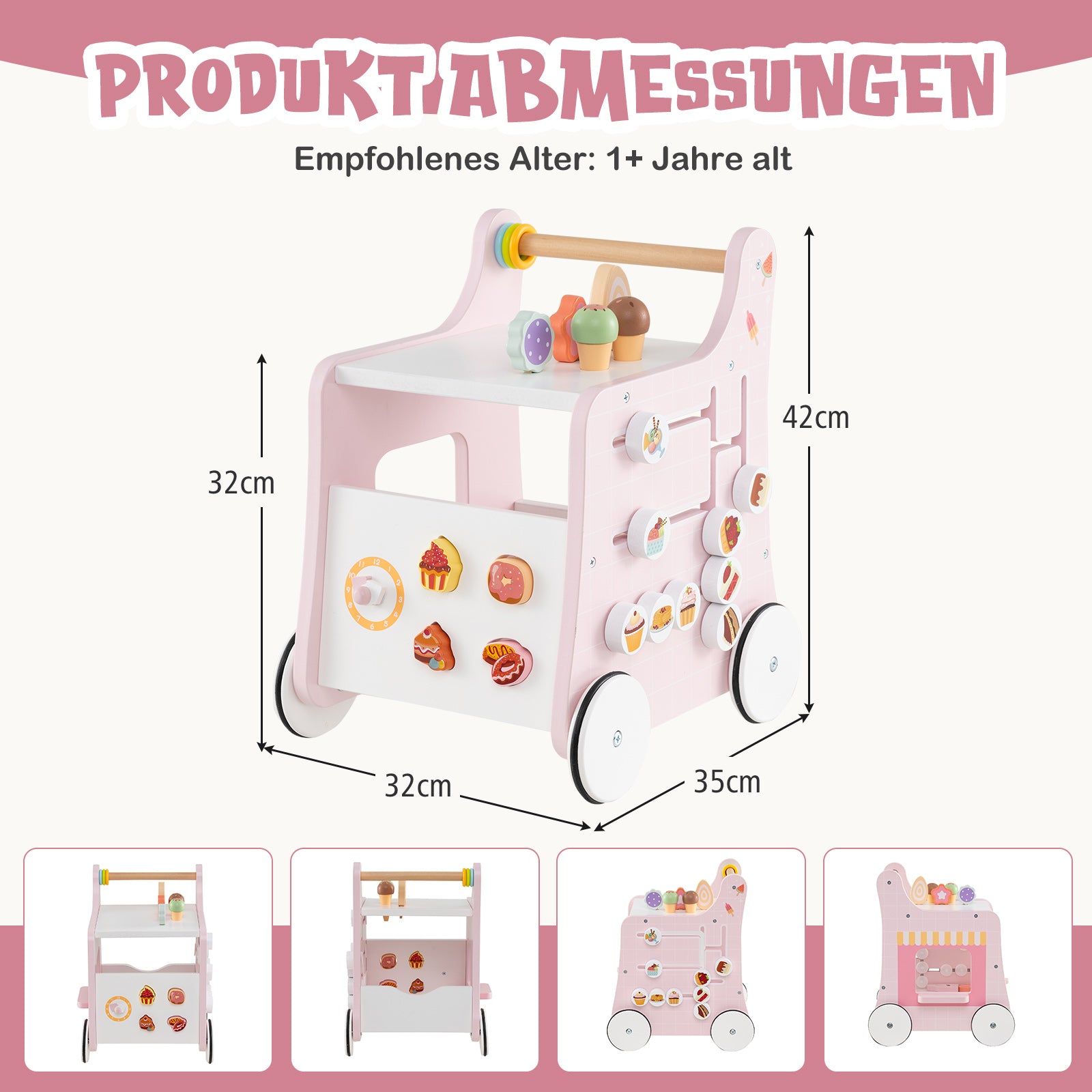 Träkvagn – i trä med förvaringsutrymme, gåhjälp på hjul, dessertbutik glass – Rosa