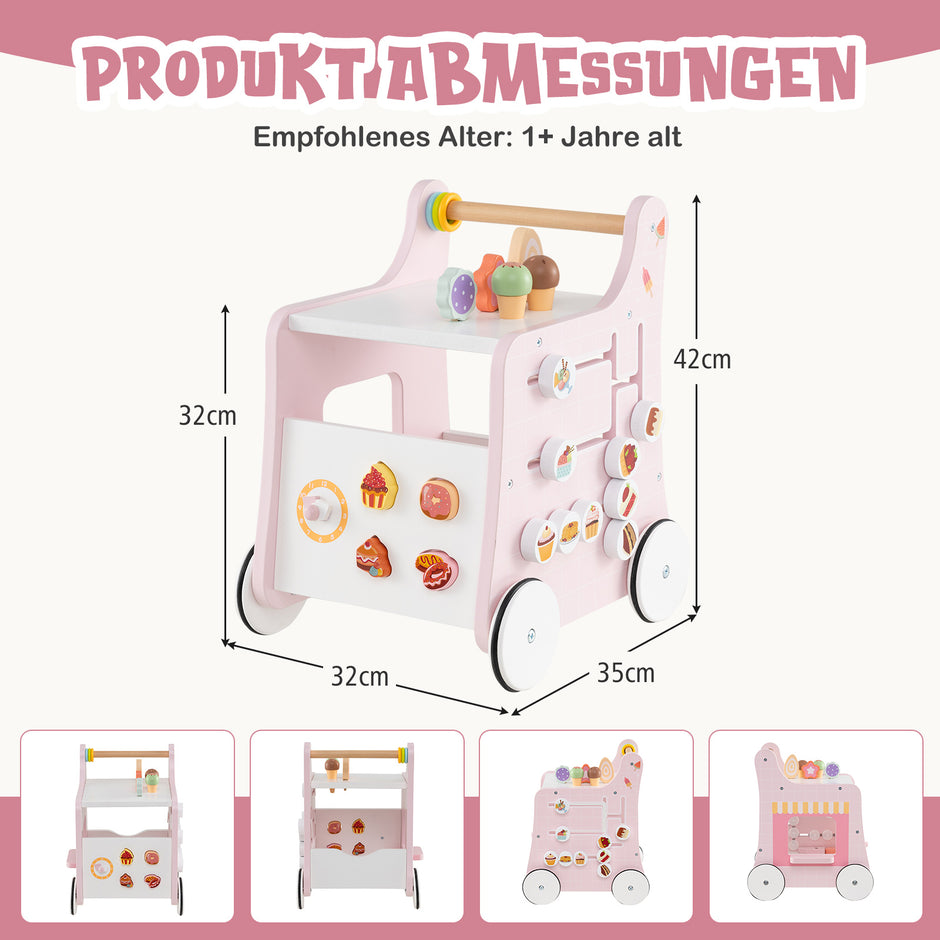 Träkvagn – i trä med förvaringsutrymme, gåhjälp på hjul, dessertbutik glass – Rosa