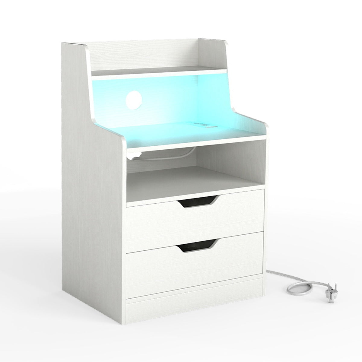 Nattduksbord – med LED Ljus och Laddningsstation Sidobord Låda öppen Fack modern – 2 – Vit