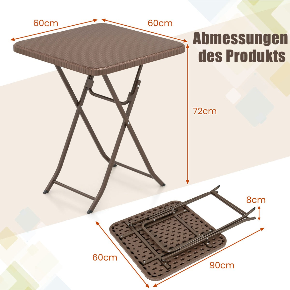 Trädgårdsbord – i rottingutseende med HDPE bordsskiva Fällbart balkongbord Fyrkantigt campingbord – Brun