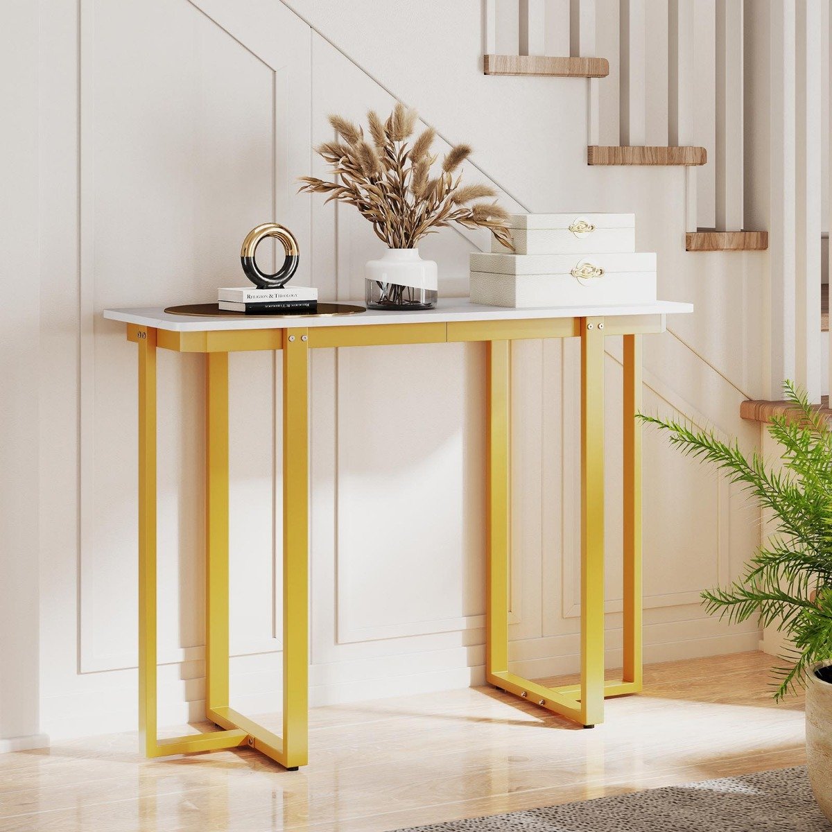 Konsolbord – smalt modernt entrébord med marmorutseende – 107 x 40 x 79,5 cm – Guld