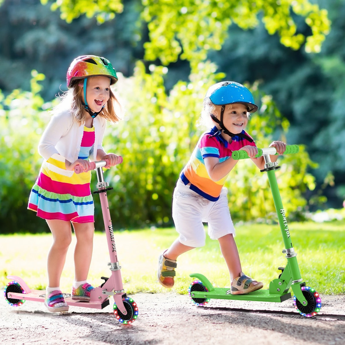 Barnscooter – med LED hjul och hopfällbart styre, höjdjusterbar sparkcykel – Grön
