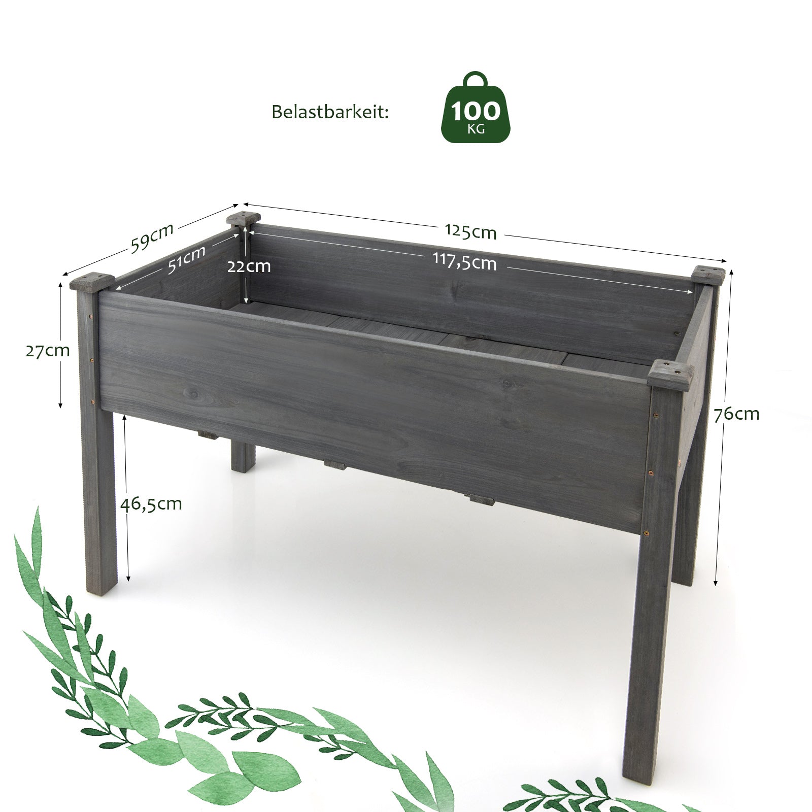 Högbädd – trä Anzuchtbädd stor Förbädd planteringskärl planteringslåda – 125 x 59 x 76 cm – Grå