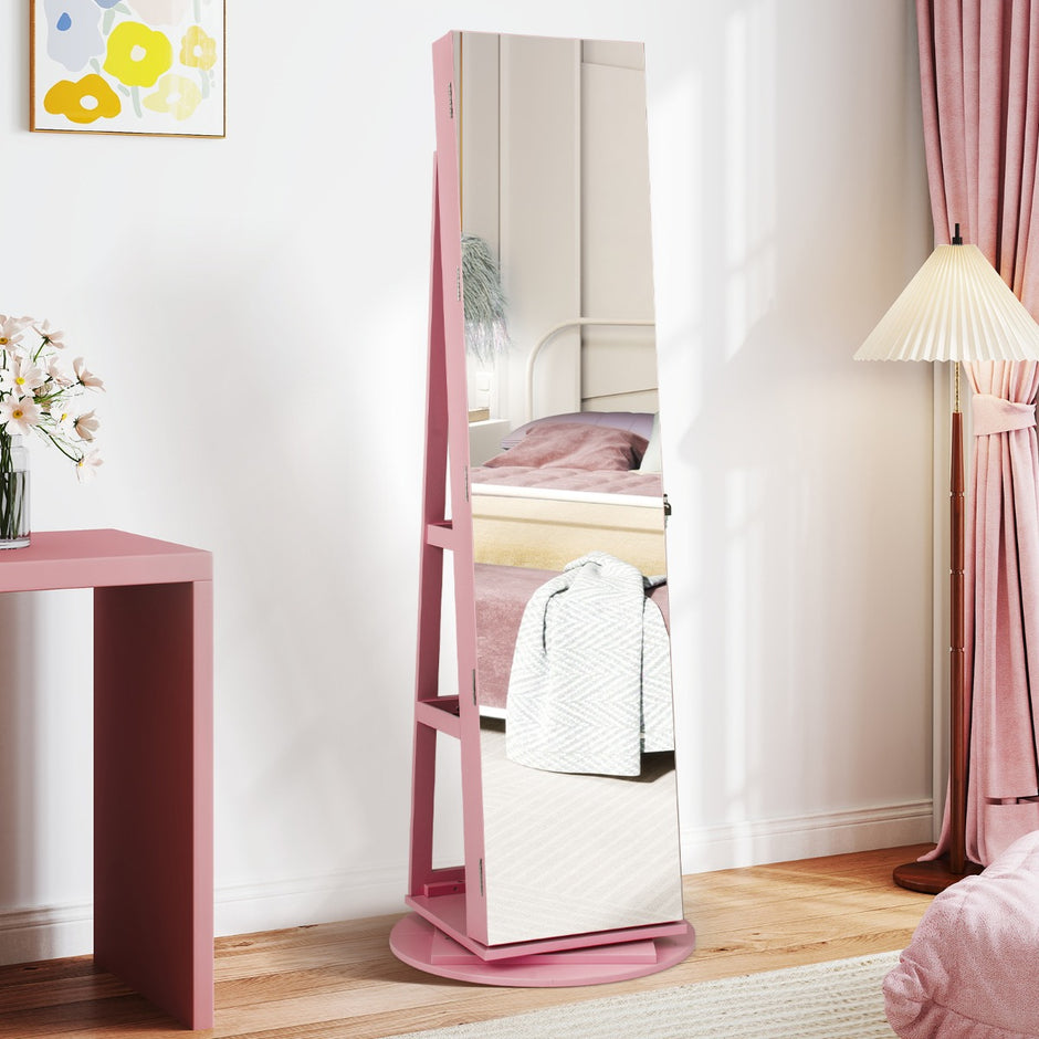360° – vridbar smyckeskåp med trefärgade LED lampor Fristående spegelskåp – Rosa