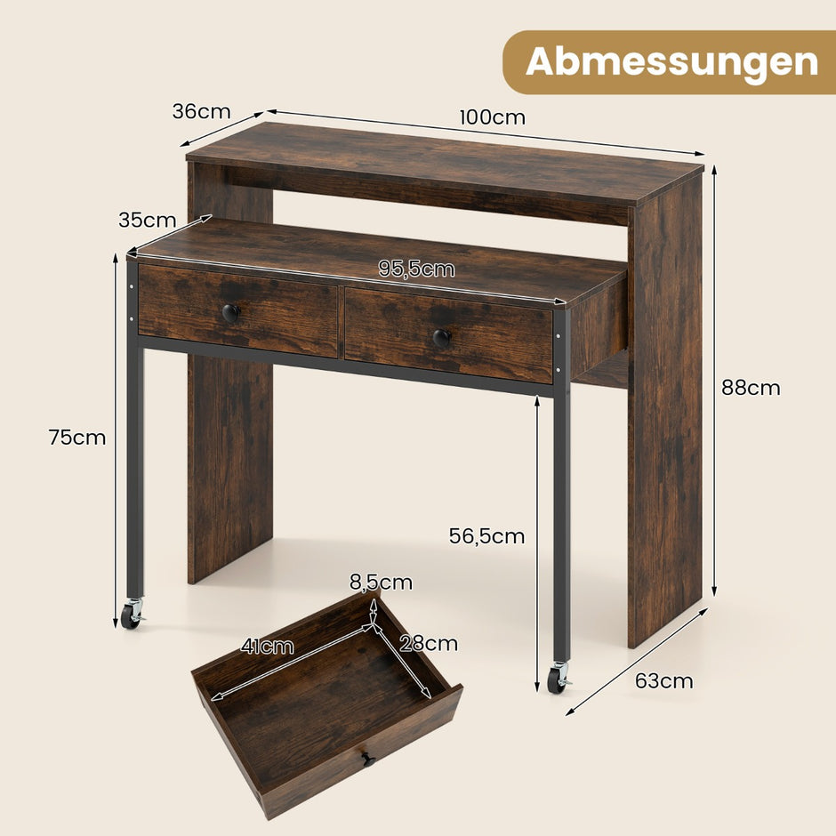 Utdragbart – skrivbord, mindre datortabell med lådor och hjul – 2 100 x 63 x 88 cm – Brun