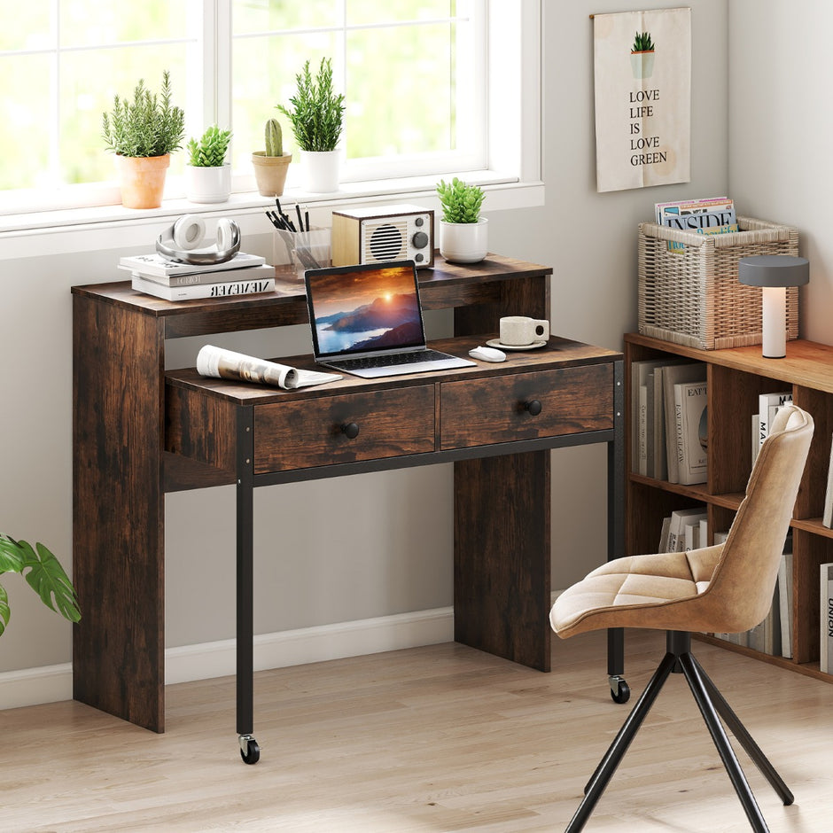 Utdragbart – skrivbord, mindre datortabell med lådor och hjul – 2 100 x 63 x 88 cm – Brun