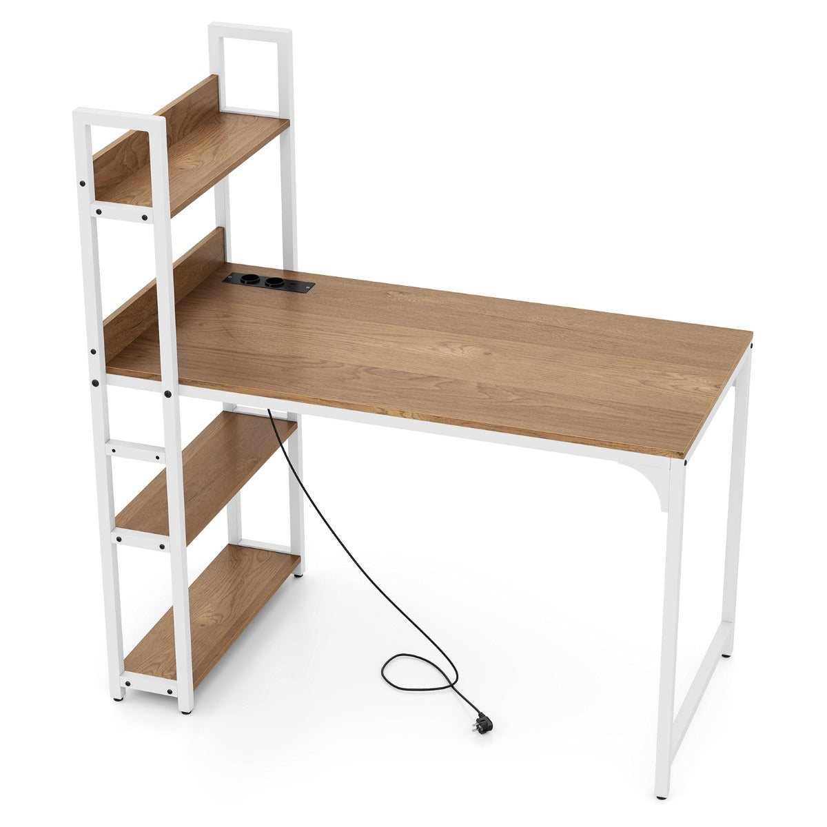 Skrivbord – med laddstation datorbord öppen bokhylla i naturutförande – 120 x 65 cm – Natur