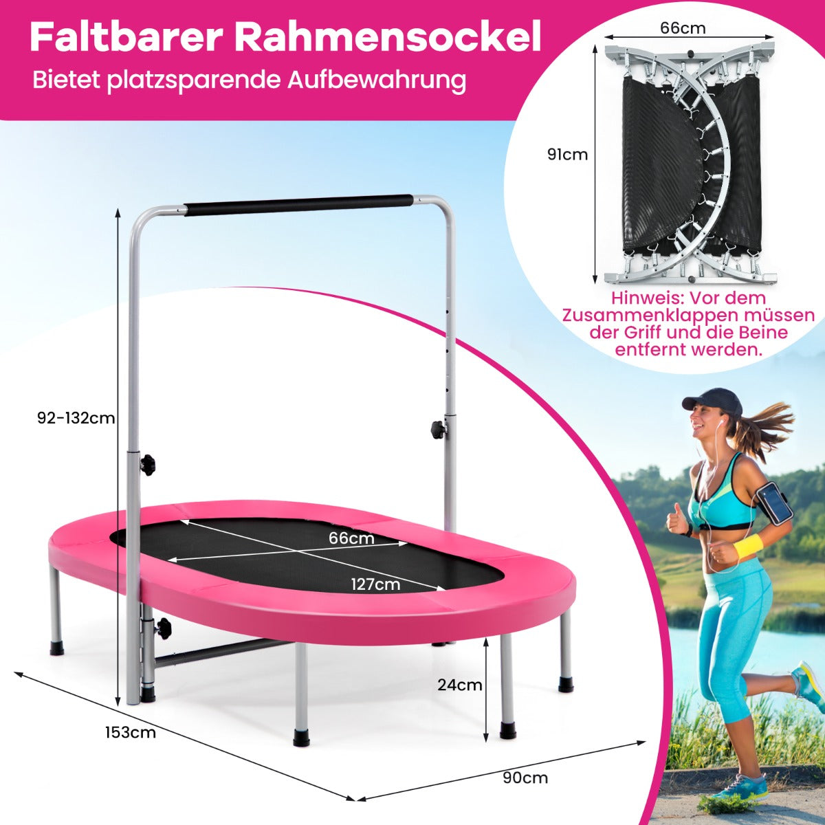 personer – trampolin med höj och sänkbart handtag mini – 2 154 x 90 x 92-132 cm – Rosa