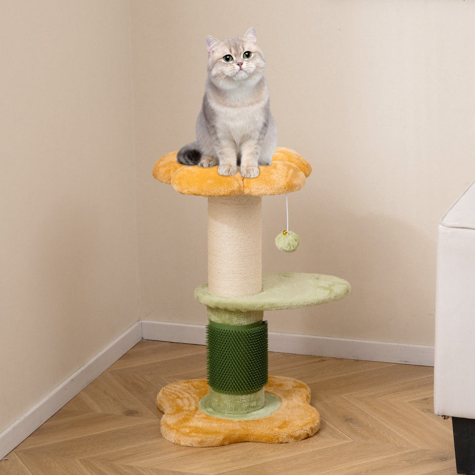 Blommig – kattklätterträd med vadderad plyschsits Litet Gult – 69 cm – Gul