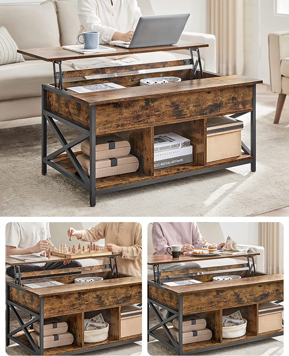 Soffbord - vardagsrumsbord - med doldt förvaringsutrymme - vintage brun -svart