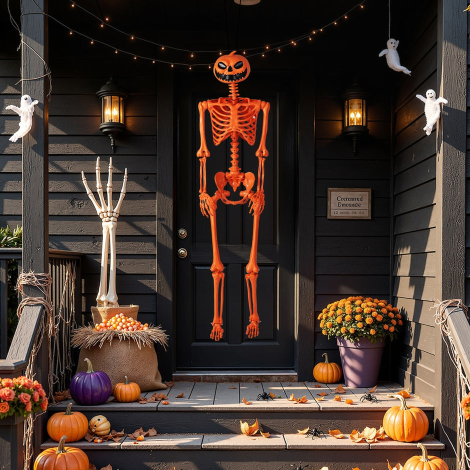 Halloween – skelett Livsstort som kan ställas i olika positioner, med pumpahuvud och rörliga leder – 16 m – Orange