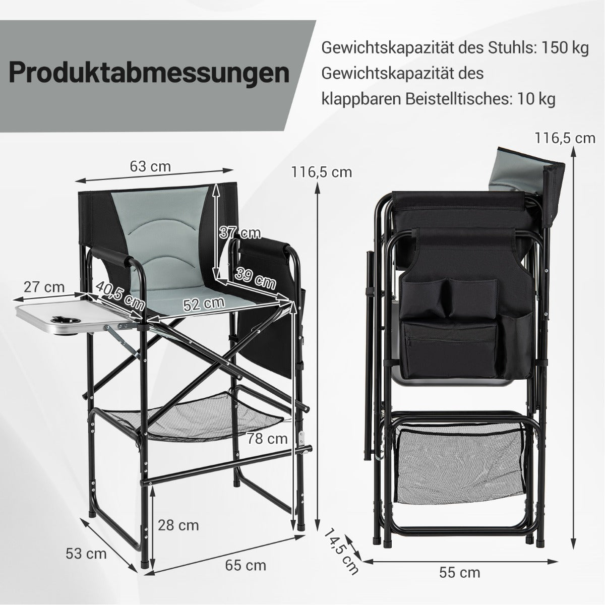 Fällbar – campingstol hög med sidobord avtagbar fotstöd + – Svart