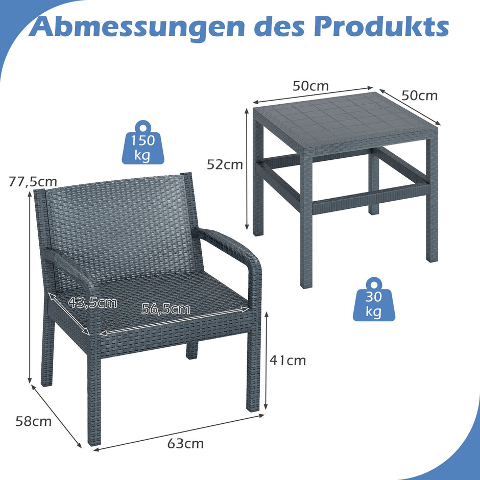 delat – Rattan Trädgårdsmöbelset Väderbeständigt Balkongmöbel Balkongset inkl. Stolar med Bord – 3 2 – Grå