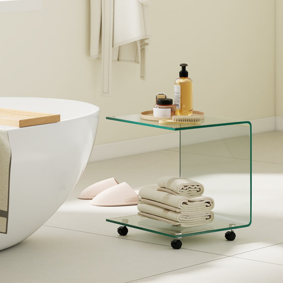 Sidobord – i härdat glas med hjul C formad Nattduksbord Soffbord Kaffebord Transparent – Genomskinlig