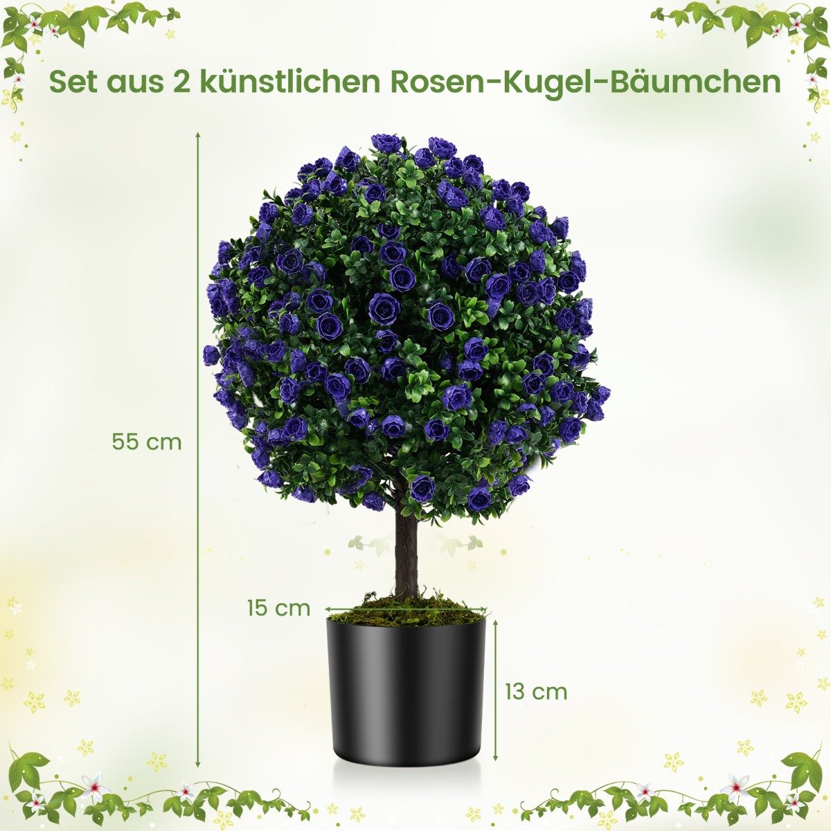 pack – konstgjord växt med blad och rosblommor i buksbom kruka konstträd – 2 55 cm – Lila