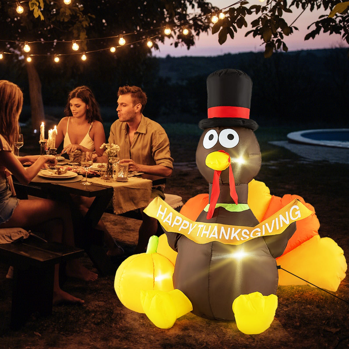Uppblåsbar – kalkon med pumpa Thanksgiving dekoration LED lampor – 150 cm – Flerfärgad